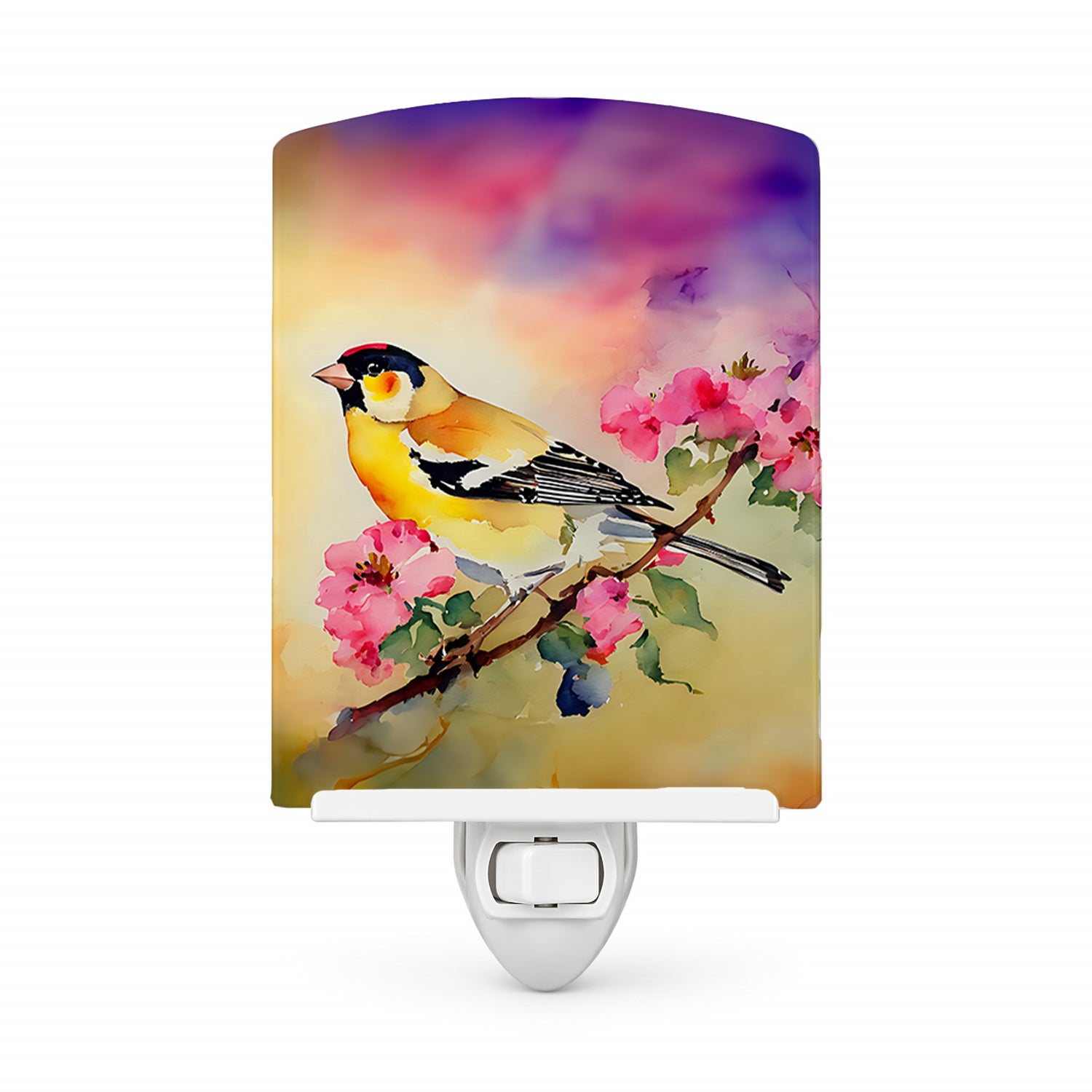 American Goldfinch with Blossoms Ceramic Night Light Compact, UL-Certified, Ideal for Bedroom, Bathroom, Nursery, Hallway, Kitchen, 6x4x3, Multicolor