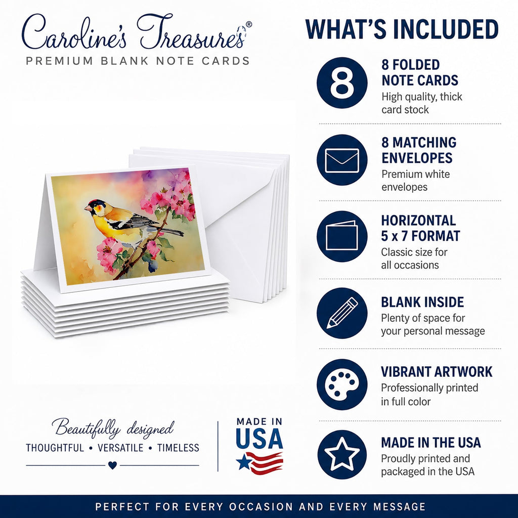 American Goldfinch with Blossoms Greeting Cards Pack of 8 Blank Cards with Envelopes Whimsical A7 Size 5x7