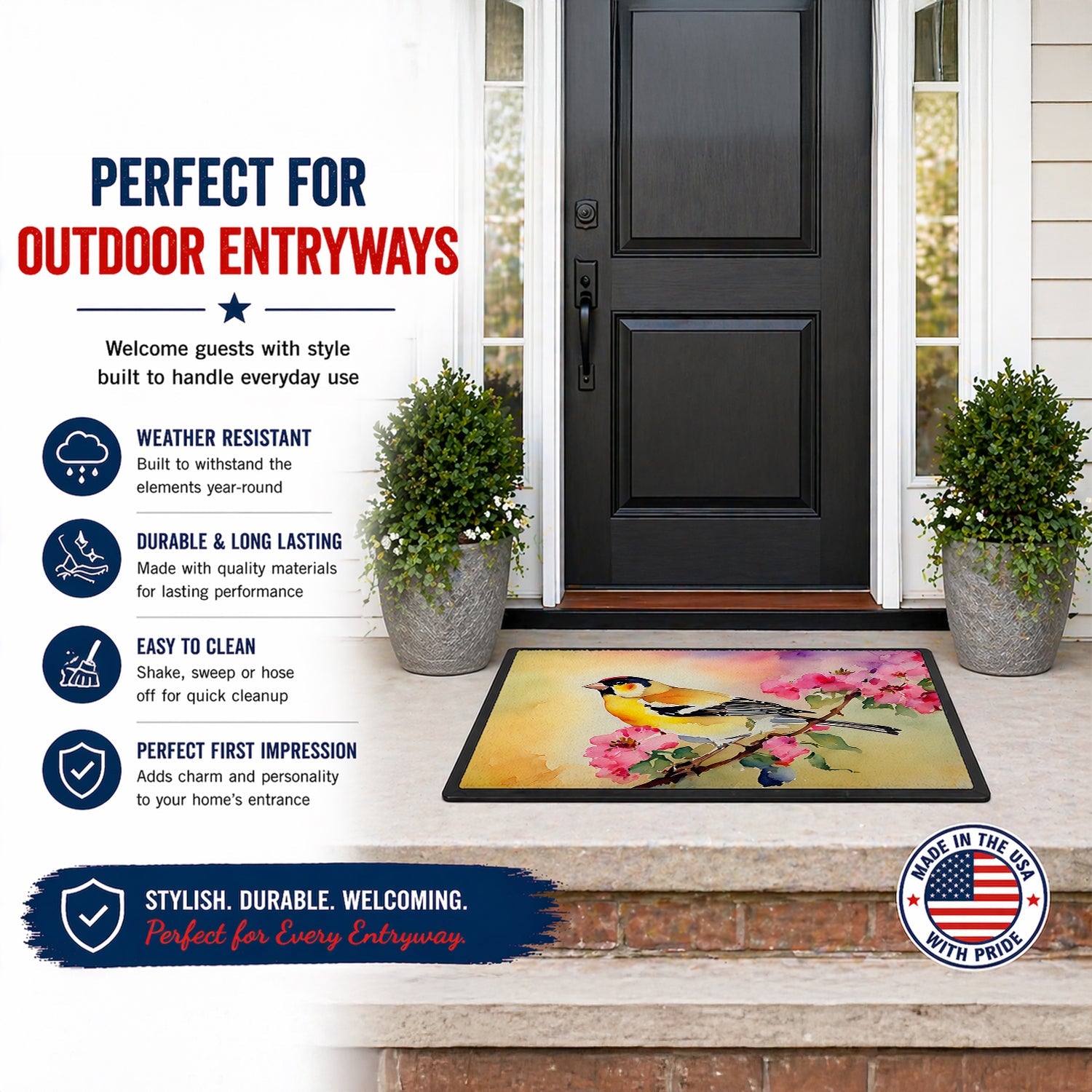 American Goldfinch with Blossoms Doormat Indoor Outdoor 24H X 36W Front Door Mat Rugs for Entryway, Non Slip Washable Low Pile,