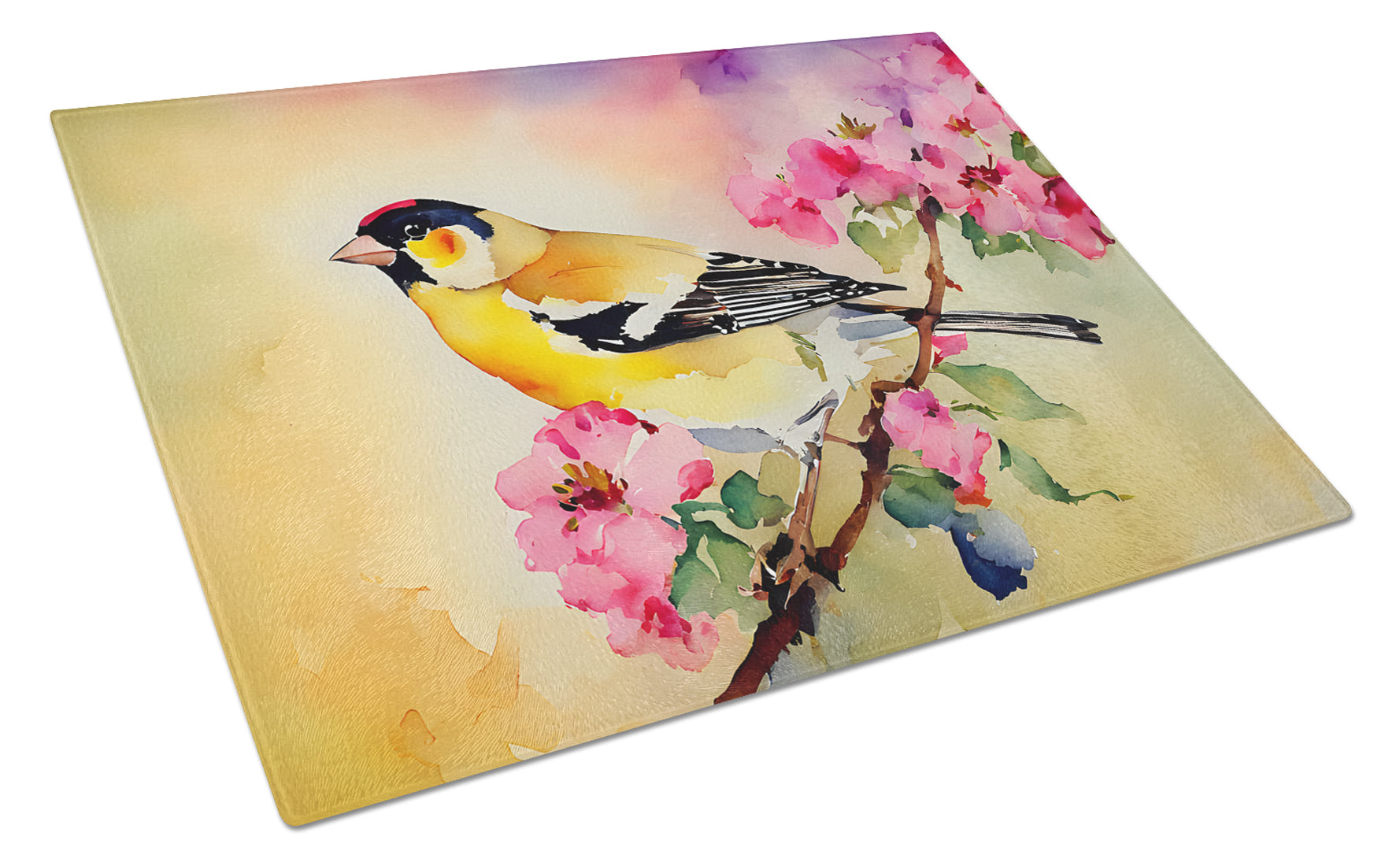 American Goldfinch with Blossoms Cutting Board Tempered Glass Kitchen Cutting Surface, Heat Resistant Chopping, Non-Slip Feet, Food Prep & Serving
