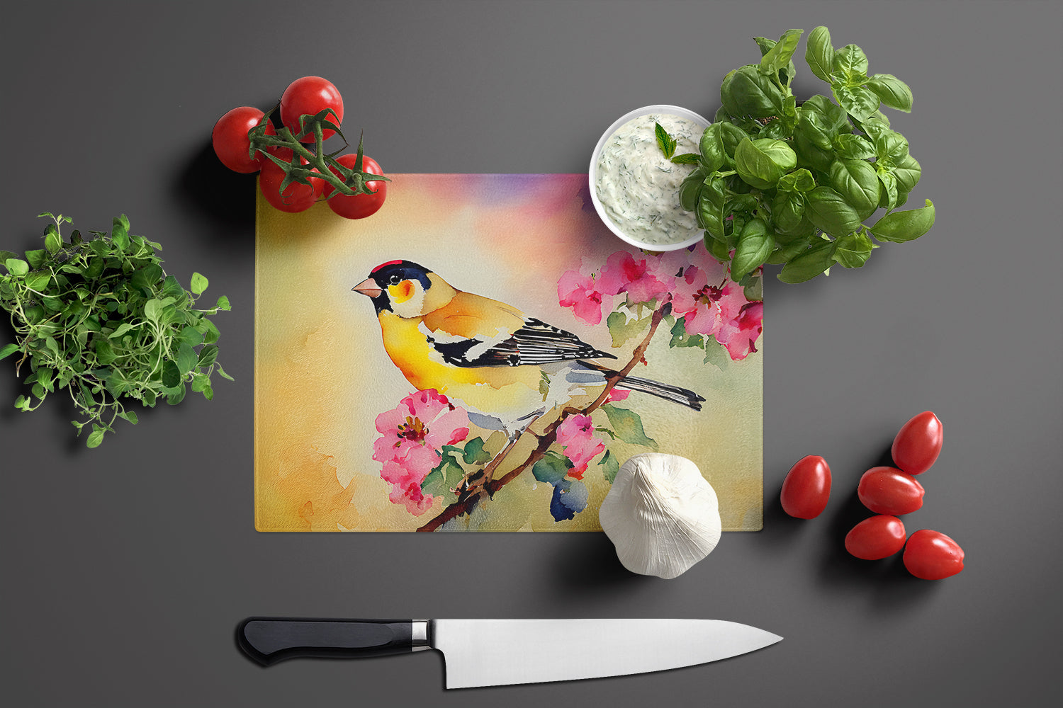 American Goldfinch with Blossoms Cutting Board Tempered Glass Kitchen Cutting Surface, Heat Resistant Chopping, Non-Slip Feet, Food Prep & Serving