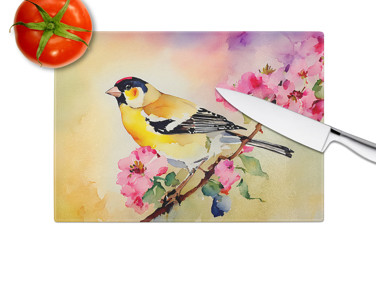 American Goldfinch with Blossoms Cutting Board Tempered Glass Kitchen Cutting Surface, Heat Resistant Chopping, Non-Slip Feet, Food Prep & Serving