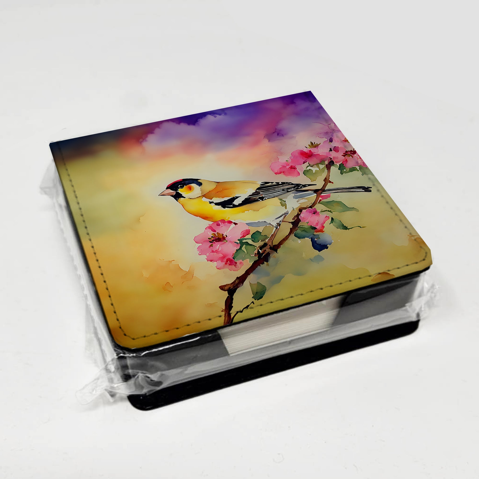 American Goldfinch with Blossoms PU Leather Note Paper Holder with Artist-Designed Cover, Desk Accessory, Office Gift