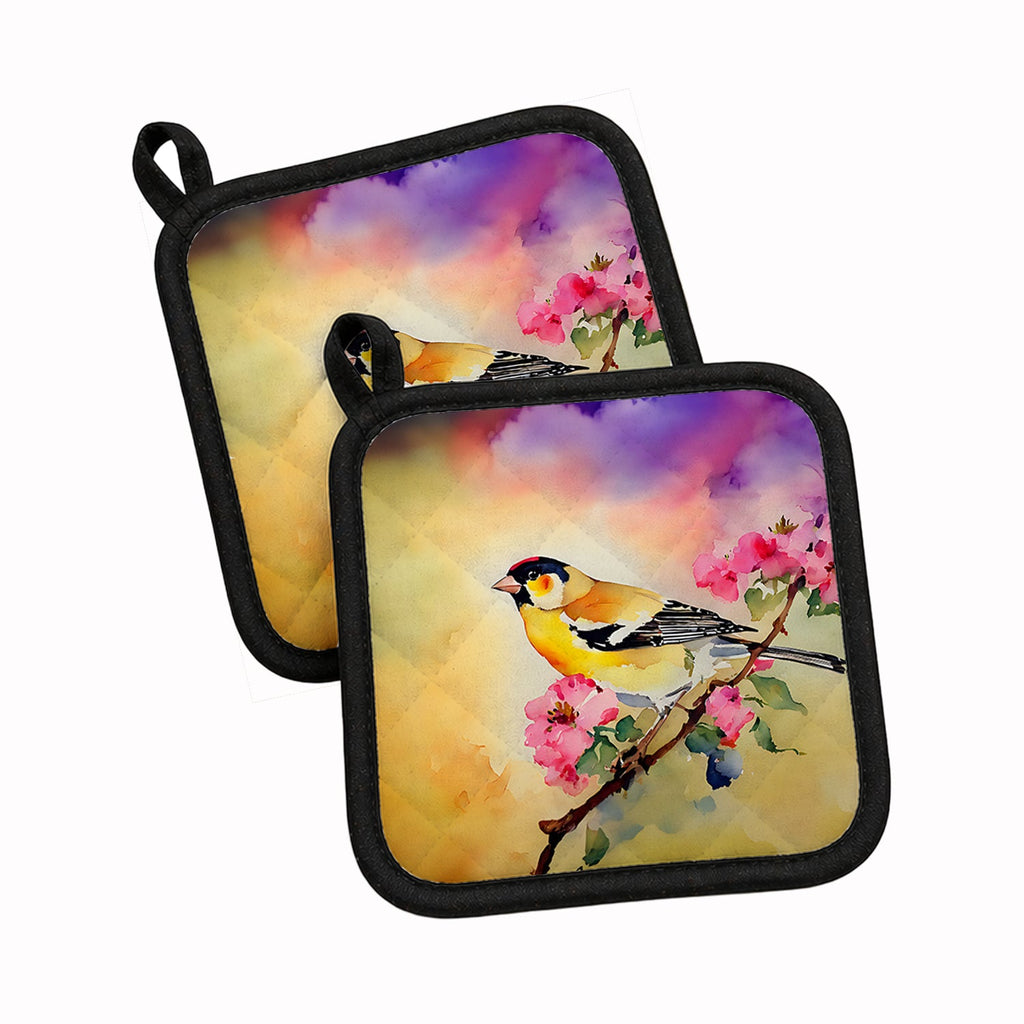 American Goldfinch with Blossoms Pot Holder Set of 2 Heat Resistant Quilted Hot Pads 7.5 x 7.5 Inch, Insulated Kitchen Trivets for Cooking & Baking