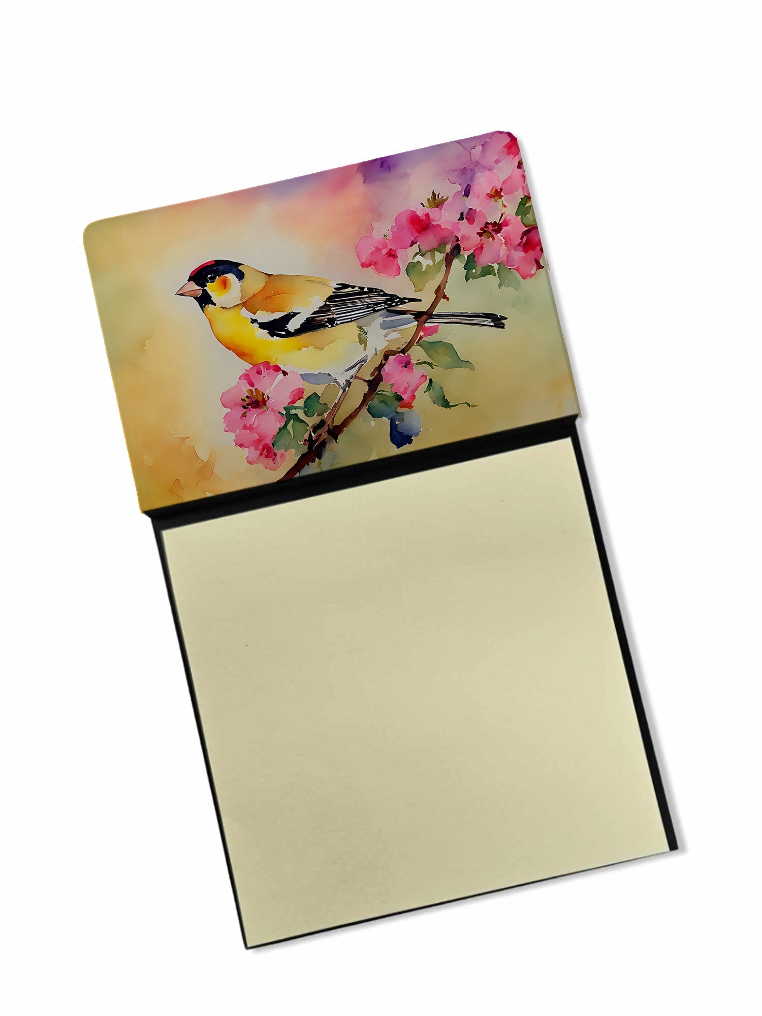 American Goldfinch with Blossoms Watercolor Sticky Note Holder Refillable Dispenser Desk Accessory 3x3 Pad Gift
