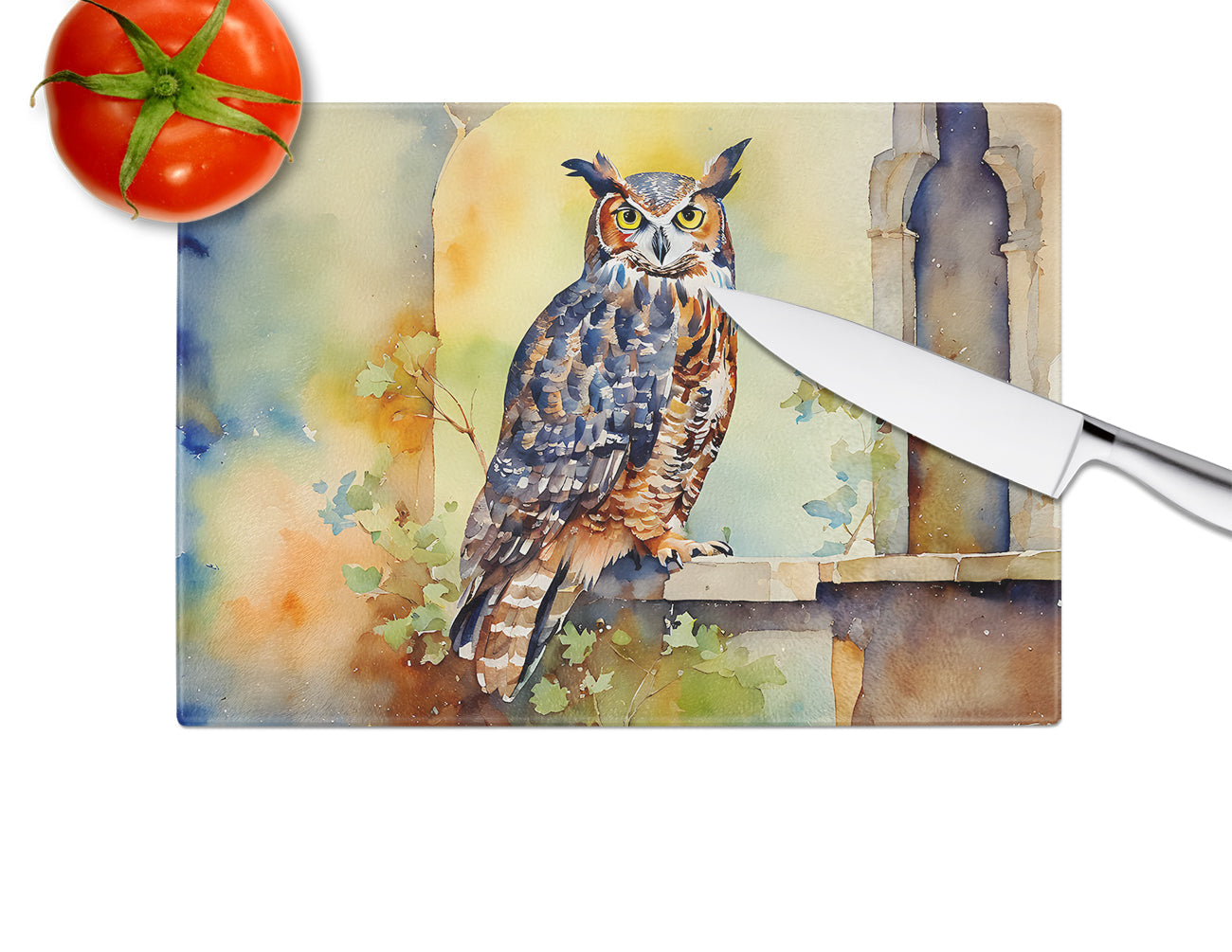 Great Horned Owl on Stone Arch Cutting Board Tempered Glass Kitchen Cutting Surface, Heat Resistant Chopping, Non-Slip Feet, Food Prep & Serving
