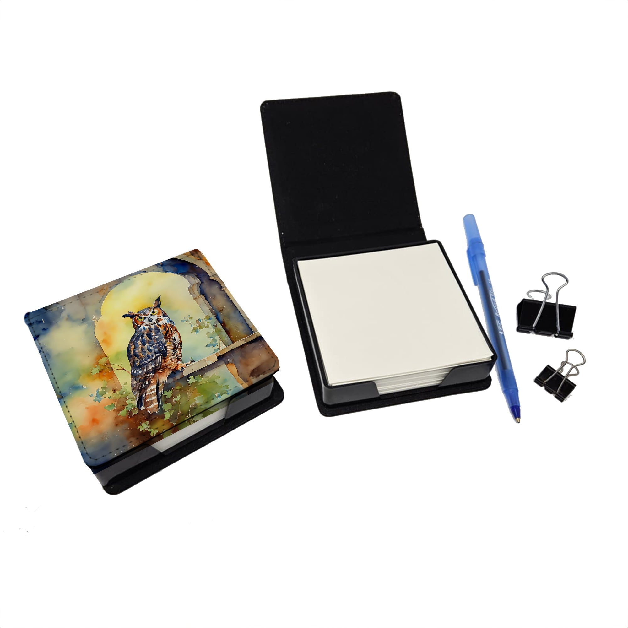 Great Horned Owl on Stone Arch PU Leather Note Paper Holder with Artist-Designed Cover, Desk Accessory, Office Gift