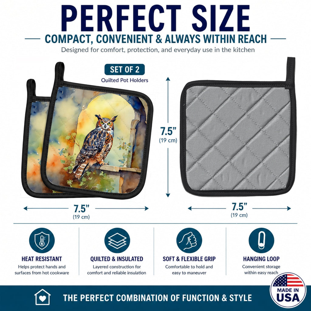 Great Horned Owl on Stone Arch Pot Holder Set of 2 Heat Resistant Quilted Hot Pads 7.5 x 7.5 Inch, Insulated Kitchen Trivets for Cooking & Baking