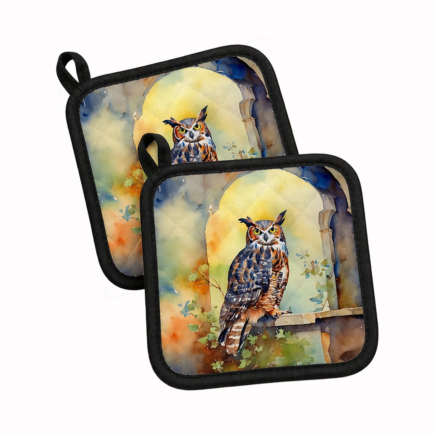 Great Horned Owl on Stone Arch Pot Holder Set of 2 Heat Resistant Quilted Hot Pads 7.5 x 7.5 Inch, Insulated Kitchen Trivets for Cooking & Baking