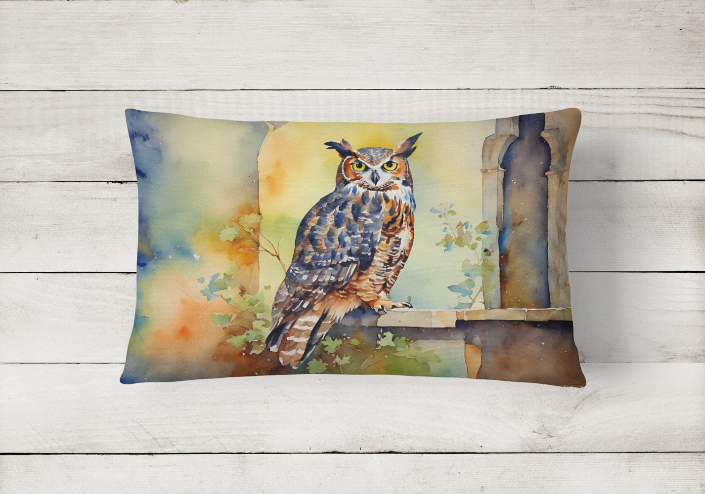 Great Horned Owl on Stone Arch Decorative Throw Pillow 12x16 Indoor Outdoor Accent Cushion, Fabric Cover with Insert for Sofa, Bed, Porch & Living Room