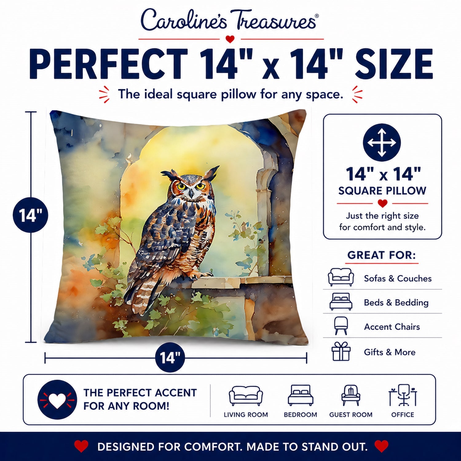 Great Horned Owl on Stone Arch Decorative Throw Pillow 14x14 Indoor Outdoor Accent Cushion, Fabric Cover with Insert for Sofa, Bed, Porch & Living Room