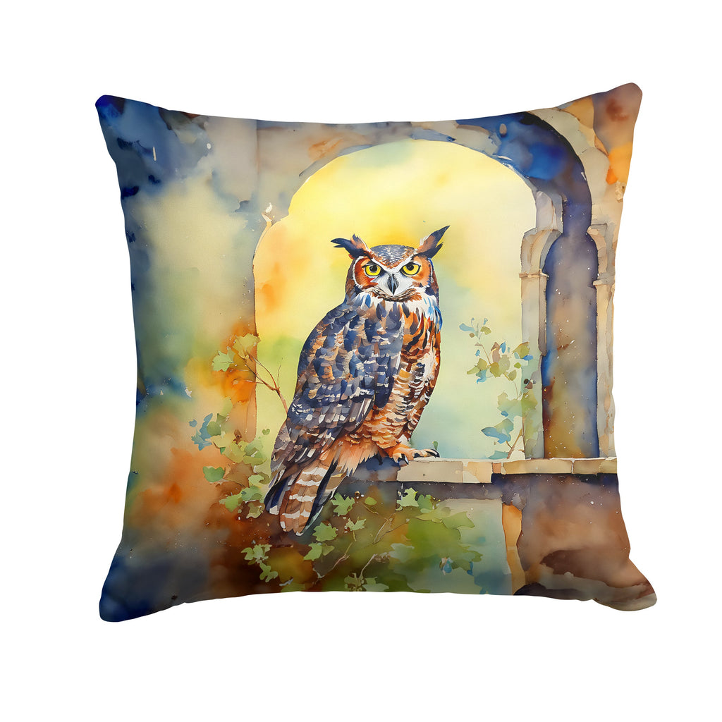Great Horned Owl on Stone Arch Decorative Throw Pillow 14x14 Indoor Outdoor Accent Cushion, Fabric Cover with Insert for Sofa, Bed, Porch & Living Room