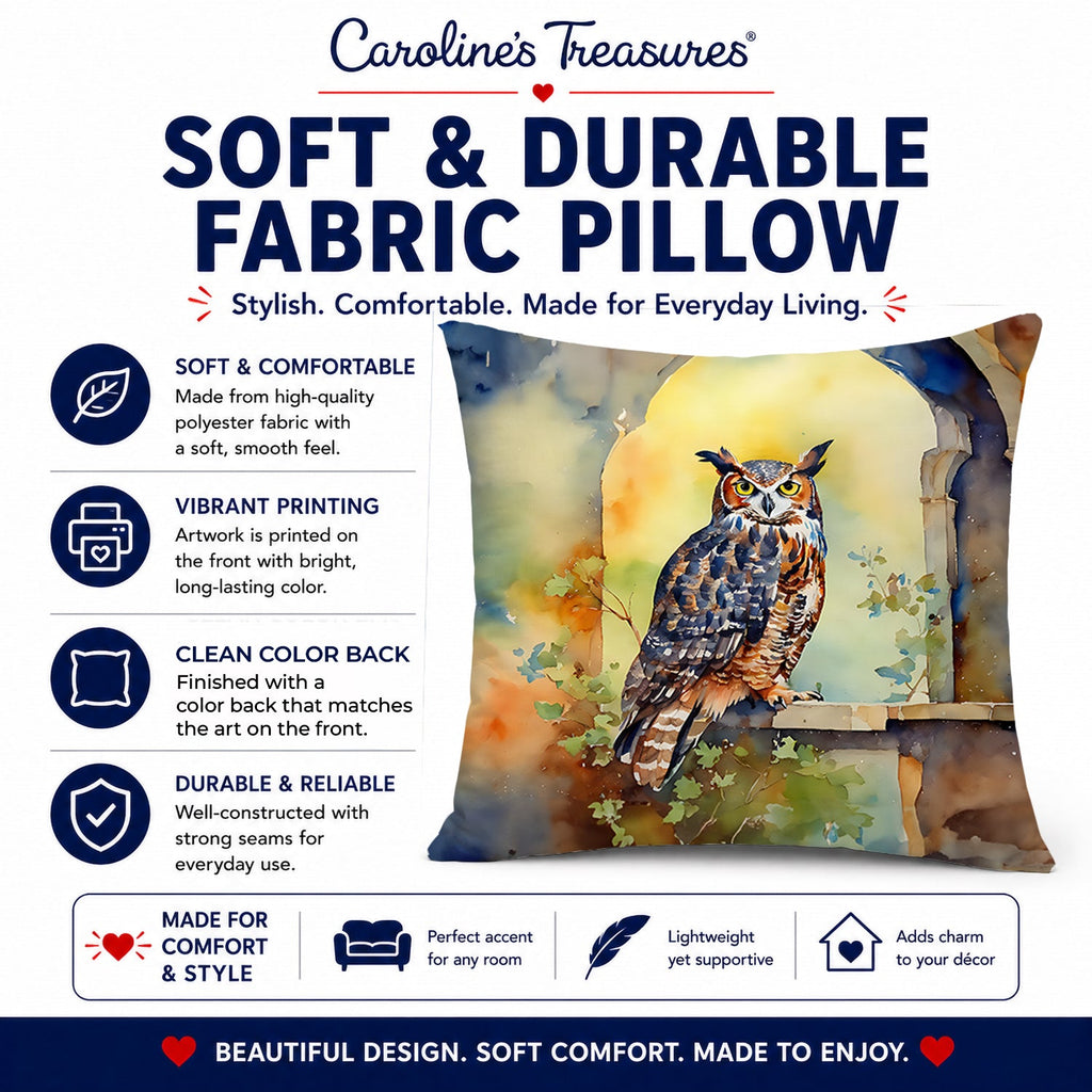 Great Horned Owl on Stone Arch Decorative Throw Pillow 18x18 Indoor Outdoor Accent Cushion, Fabric Cover with Insert for Sofa, Bed, Porch & Living Room