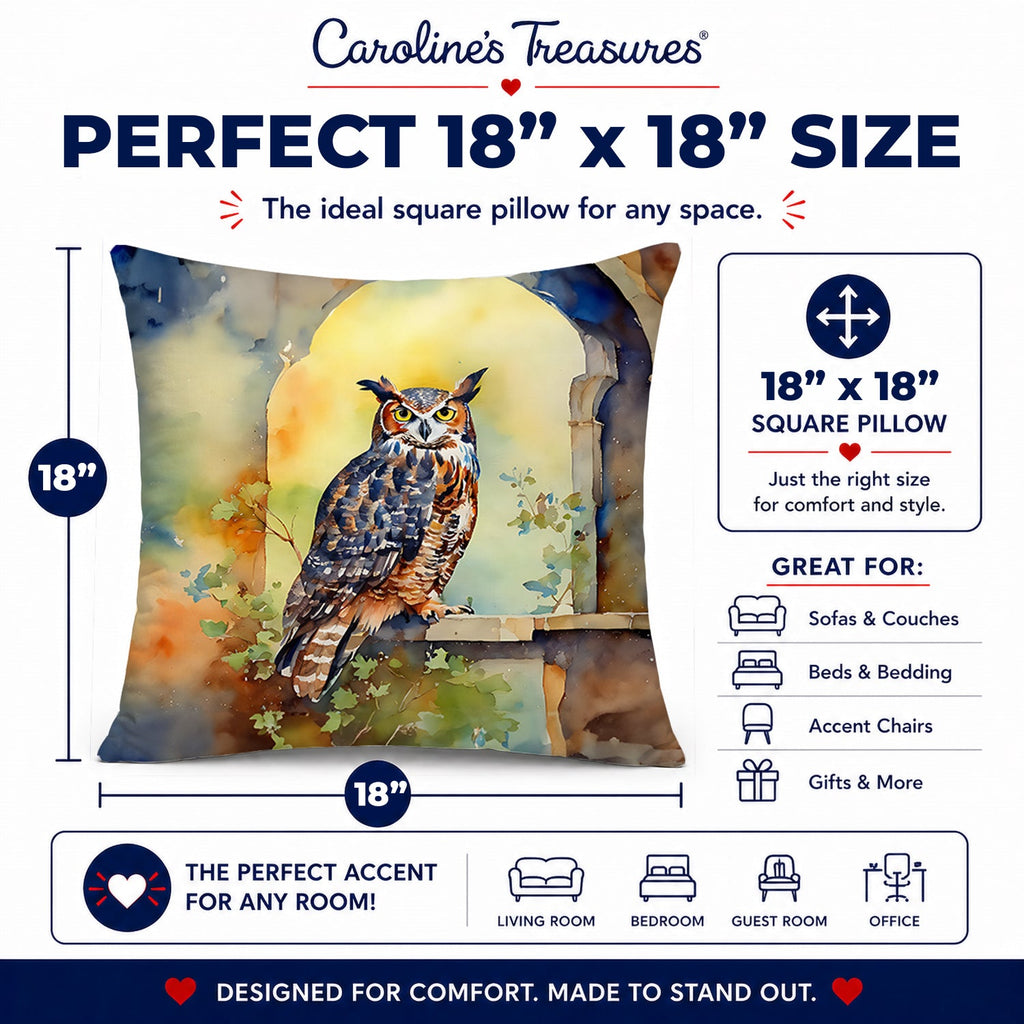 Great Horned Owl on Stone Arch Decorative Throw Pillow 18x18 Indoor Outdoor Accent Cushion, Fabric Cover with Insert for Sofa, Bed, Porch & Living Room