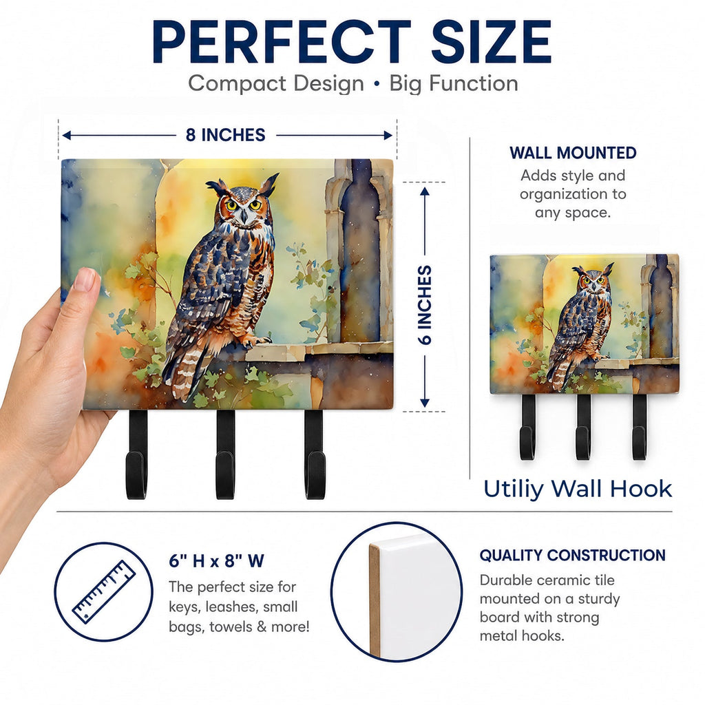 Great Horned Owl on Stone Arch Leash or Key Holder Wall Hooks, Coat Rack Wall Mount, for Hanging Keys, Towels, Aprons, Leashes