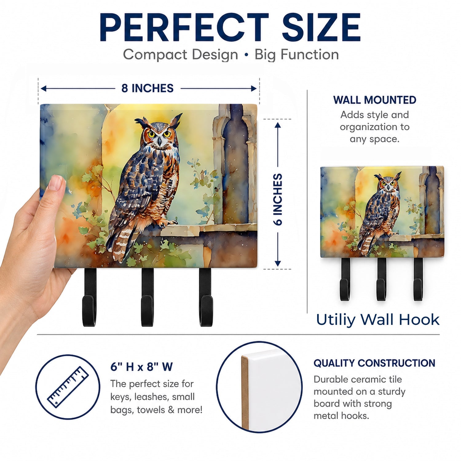 Great Horned Owl on Stone Arch Leash or Key Holder Wall Hooks, Coat Rack Wall Mount, for Hanging Keys, Towels, Aprons, Leashes