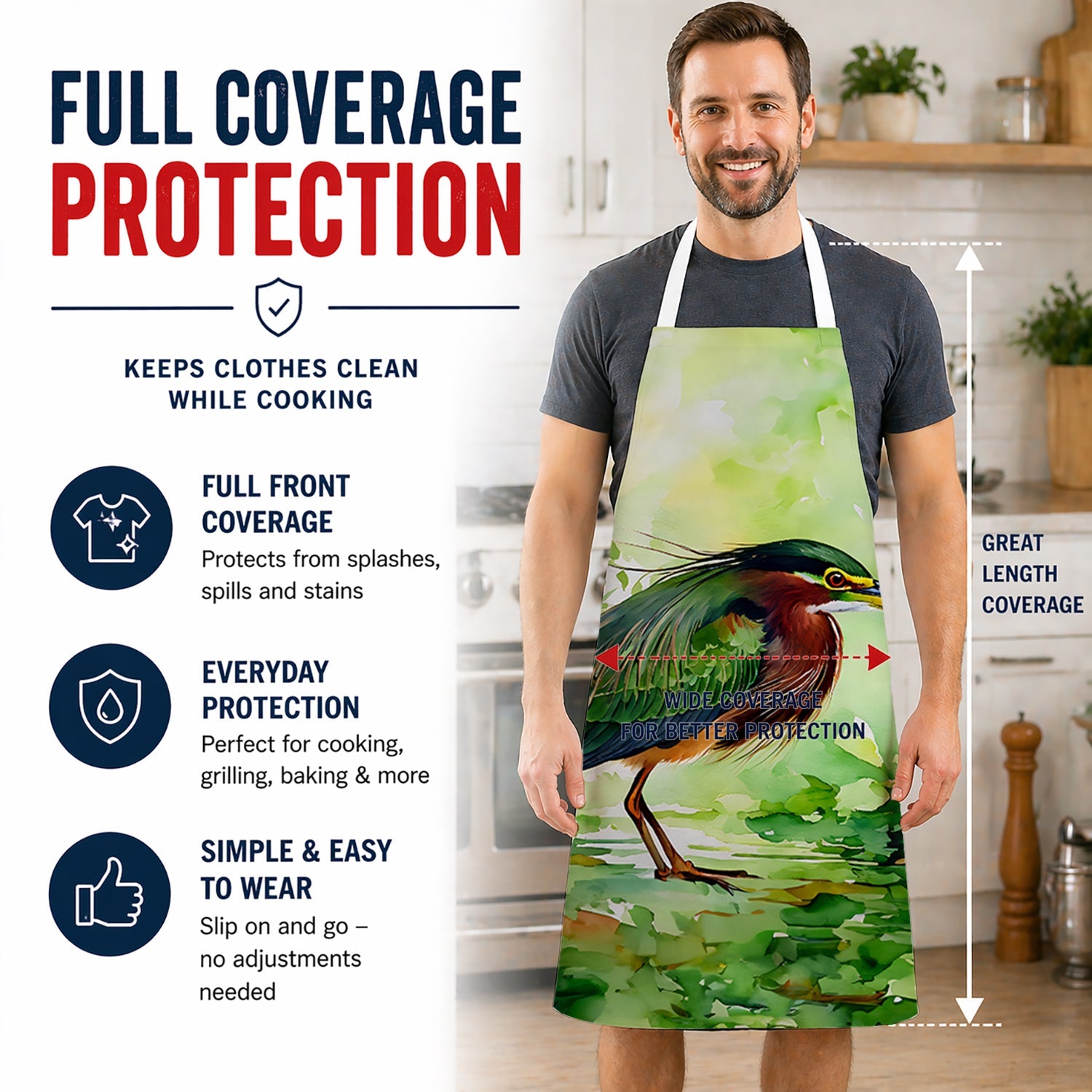 Green Heron Standing Marsh Apron Cooking Kitchen Server Baking Crafts Gardening for Adult Women Men, Unisex, Large, Multicolor