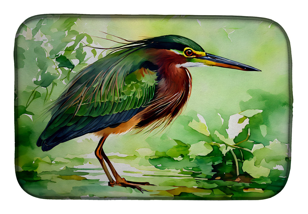 Green Heron Standing Marsh Dish Drying Mat Absorbent Dish Drying Mat Pad for Kitchen Counter Dish Drainer Mat for Countertop, 14 x 21", Multicolor