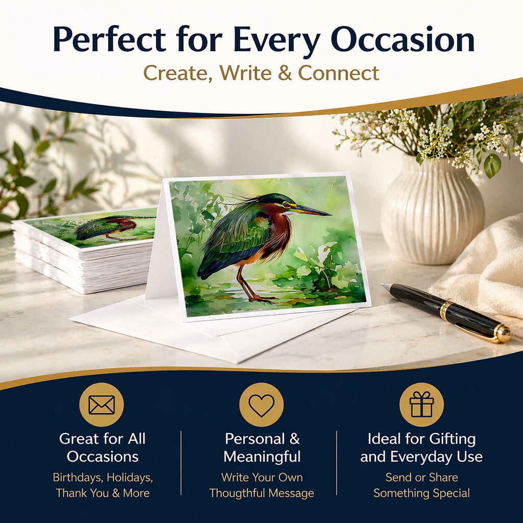 Green Heron Standing Marsh Greeting Cards Pack of 8 Blank Cards with Envelopes Whimsical A7 Size 5x7