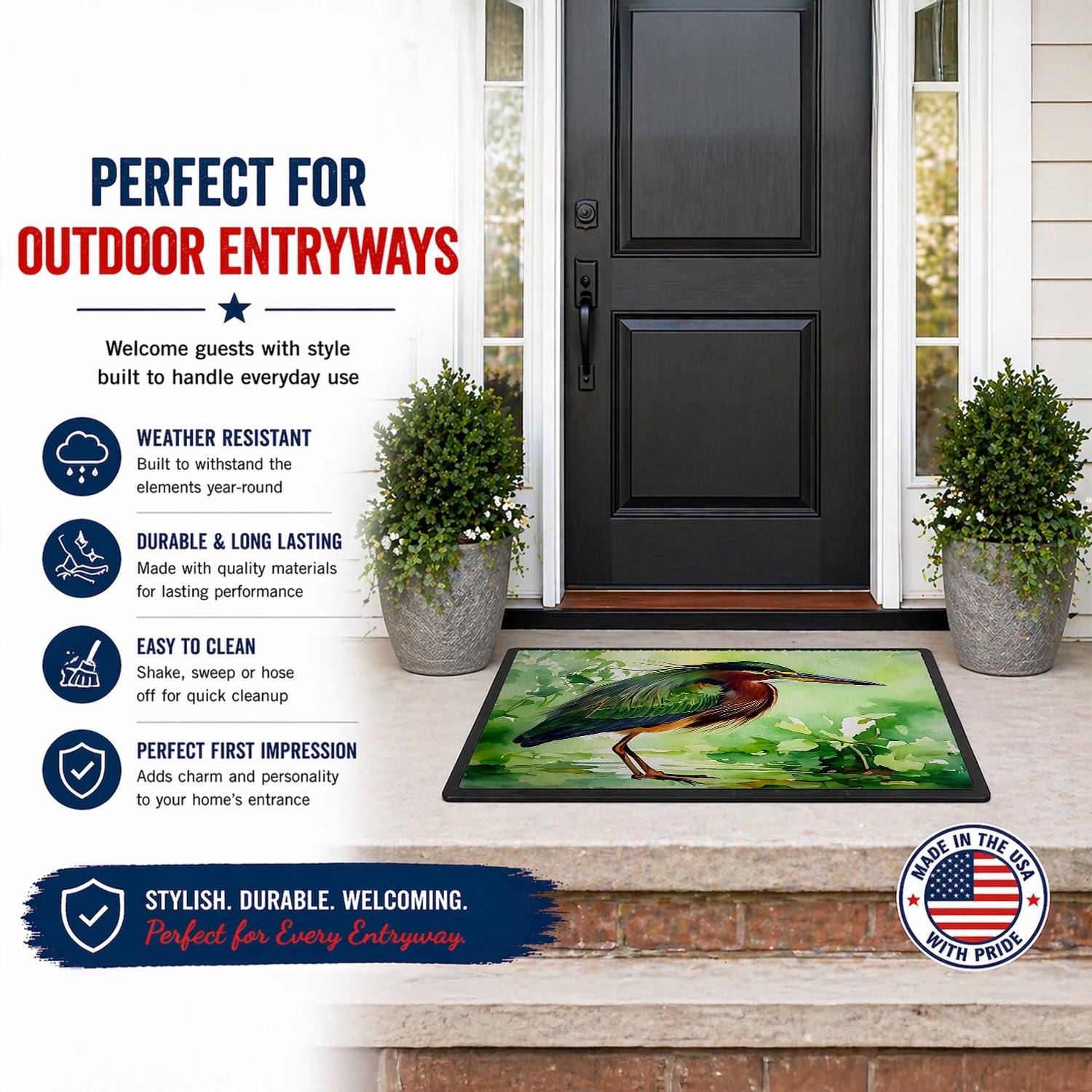 Green Heron Standing Marsh Doormat Indoor Outdoor 24H X 36W Front Door Mat Rugs for Entryway, Non Slip Washable Low Pile,