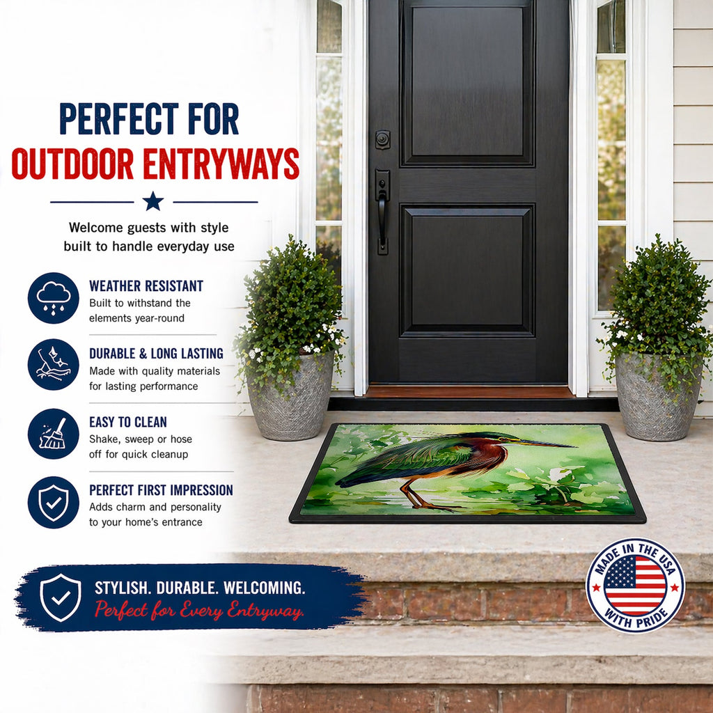 Green Heron Standing Marsh Doormat Indoor Outdoor 18H X 27W Front Door Mat Rugs for Entryway, Non Slip Washable