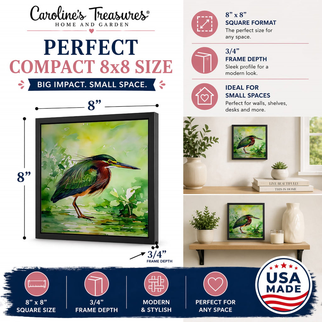 Green Heron Standing Marsh Framed Metal Print Bathroom, Kitchen, Office, Home Decor Wall Art Ready to Hang, Square, 8X8