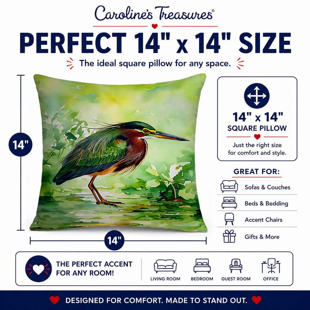 Green Heron Standing Marsh Decorative Throw Pillow 14x14 Indoor Outdoor Accent Cushion, Fabric Cover with Insert for Sofa, Bed, Porch & Living Room