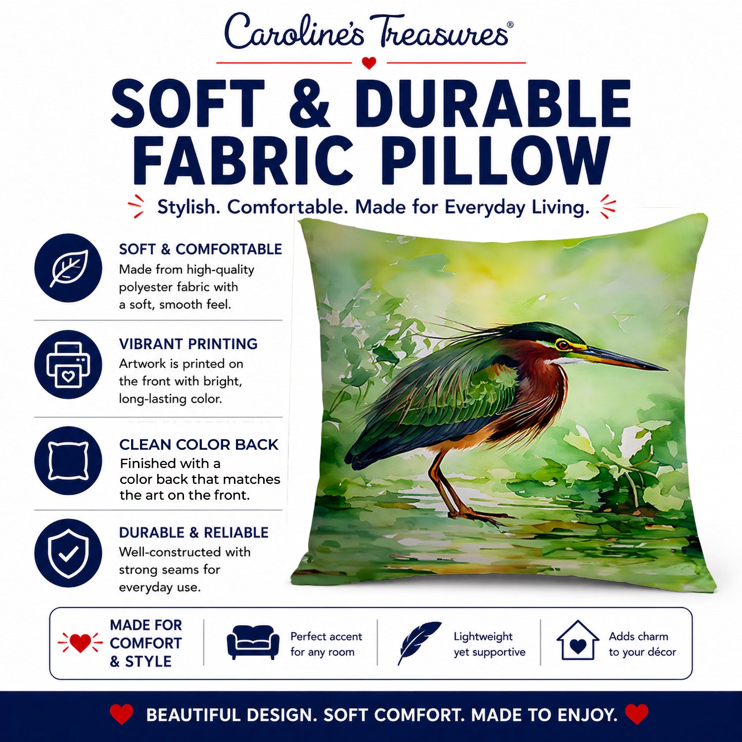 Green Heron Standing Marsh Decorative Throw Pillow 18x18 Indoor Outdoor Accent Cushion, Fabric Cover with Insert for Sofa, Bed, Porch & Living Room