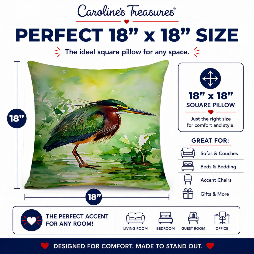 Green Heron Standing Marsh Decorative Throw Pillow 18x18 Indoor Outdoor Accent Cushion, Fabric Cover with Insert for Sofa, Bed, Porch & Living Room
