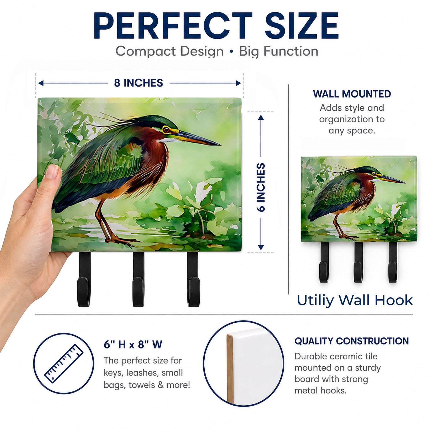 Green Heron Standing Marsh Leash or Key Holder Wall Hooks, Coat Rack Wall Mount, for Hanging Keys, Towels, Aprons, Leashes
