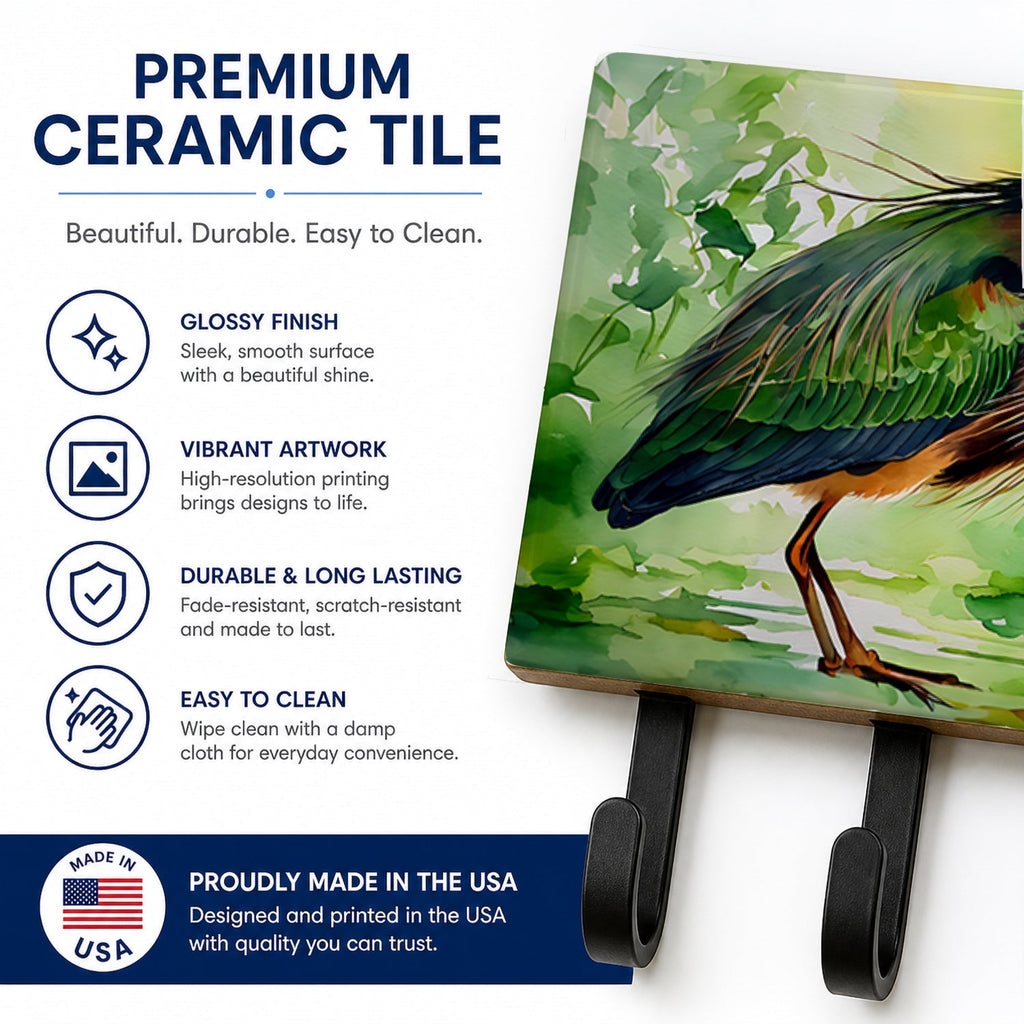 Green Heron Standing Marsh Leash or Key Holder Wall Hooks, Coat Rack Wall Mount, for Hanging Keys, Towels, Aprons, Leashes