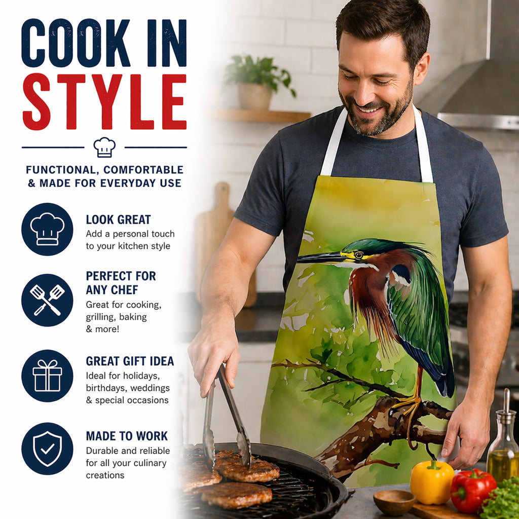 Green Heron Perched Branch Apron Cooking Kitchen Server Baking Crafts Gardening for Adult Women Men, Unisex, Large, Multicolor