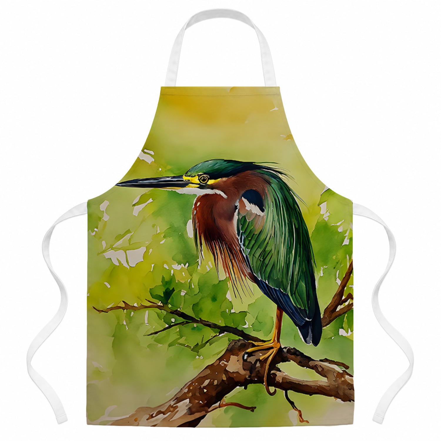 Green Heron Perched Branch Apron Cooking Kitchen Server Baking Crafts Gardening for Adult Women Men, Unisex, Large, Multicolor