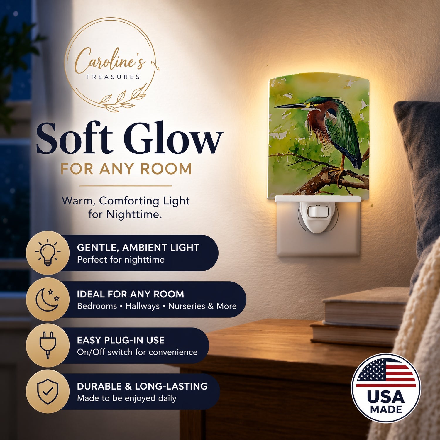 Green Heron Perched Branch Ceramic Night Light Compact, UL-Certified, Ideal for Bedroom, Bathroom, Nursery, Hallway, Kitchen, 6x4x3, Multicolor