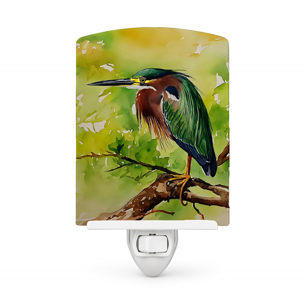 Green Heron Perched Branch Ceramic Night Light Compact, UL-Certified, Ideal for Bedroom, Bathroom, Nursery, Hallway, Kitchen, 6x4x3, Multicolor