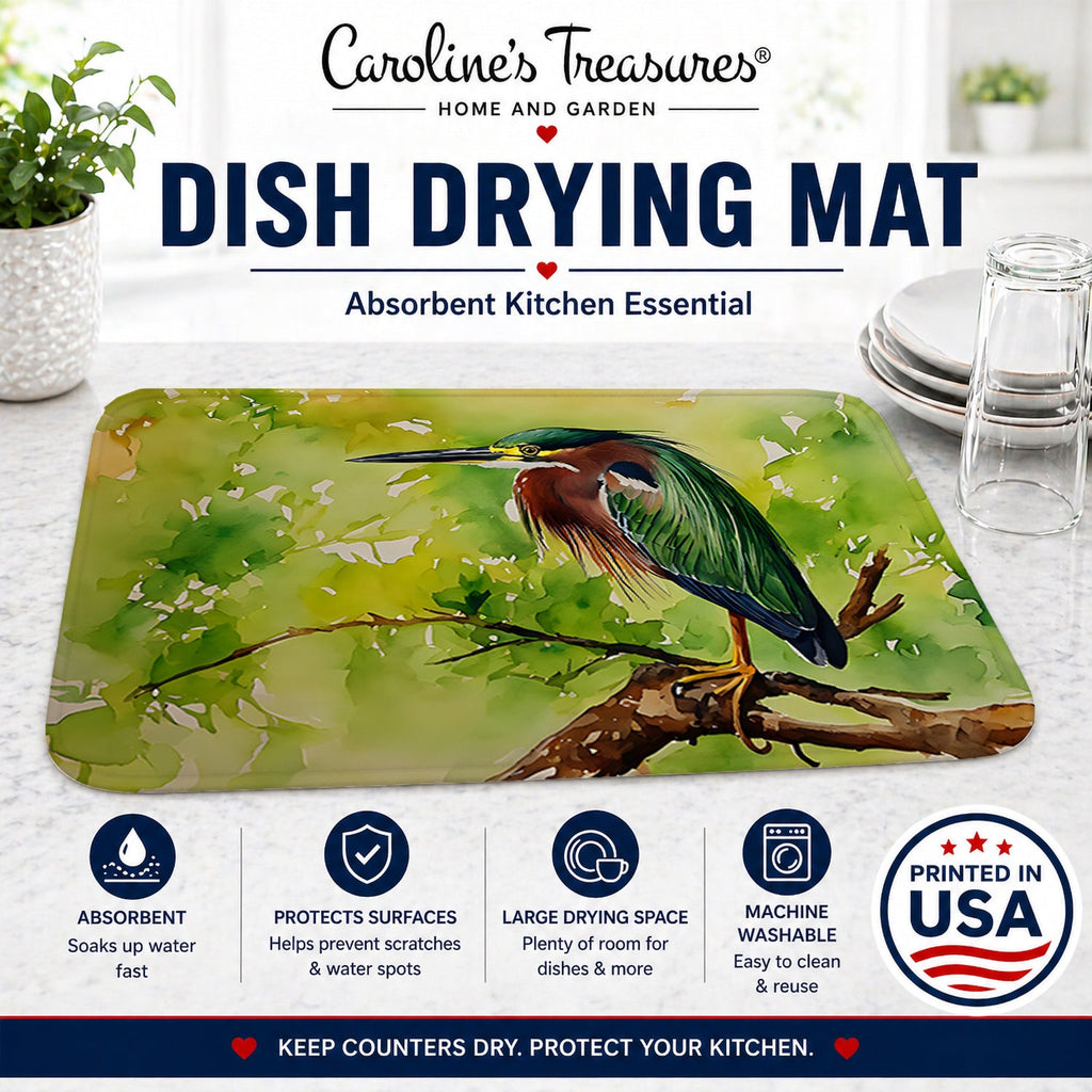 Green Heron Perched Branch Dish Drying Mat Absorbent Dish Drying Mat Pad for Kitchen Counter Dish Drainer Mat for Countertop, 14 x 21", Multicolor