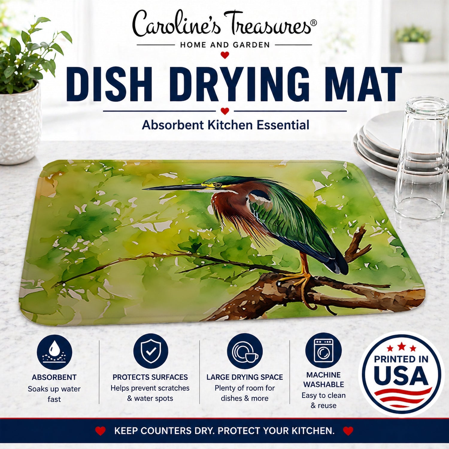 Green Heron Perched Branch Dish Drying Mat Absorbent Dish Drying Mat Pad for Kitchen Counter Dish Drainer Mat for Countertop, 14 x 21", Multicolor
