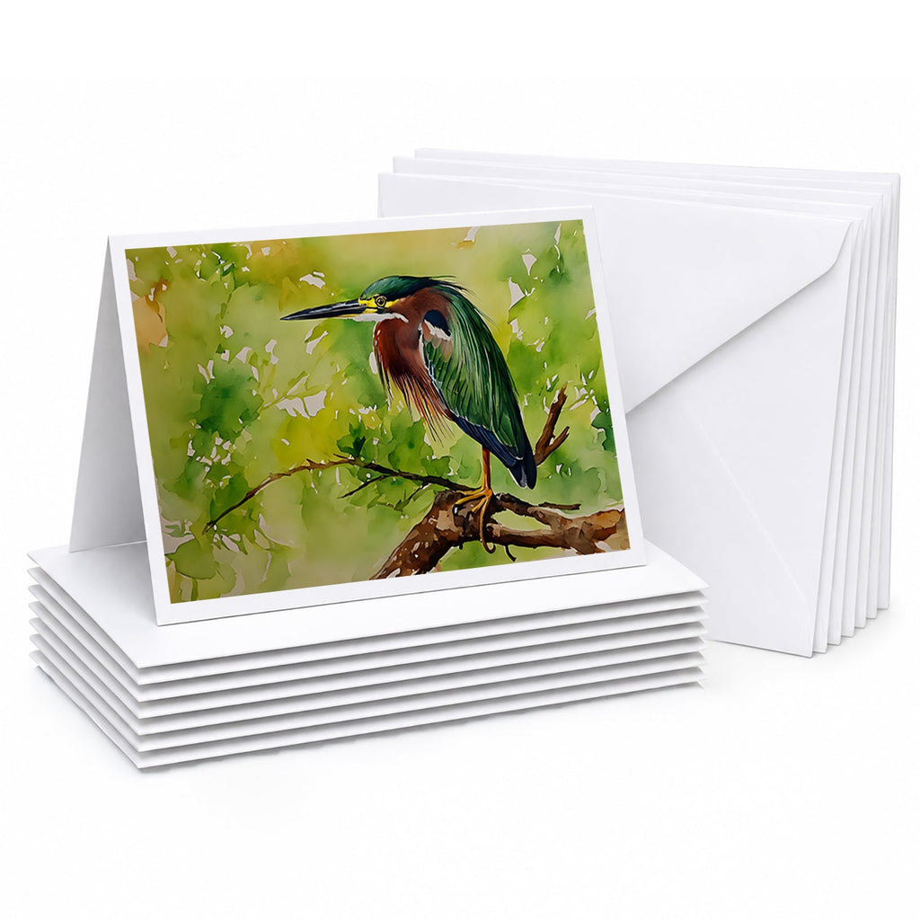 Green Heron Perched Branch Greeting Cards Pack of 8 Blank Cards with Envelopes Whimsical A7 Size 5x7