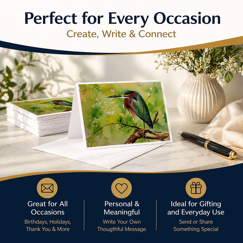 Green Heron Perched Branch Greeting Cards Pack of 8 Blank Cards with Envelopes Whimsical A7 Size 5x7