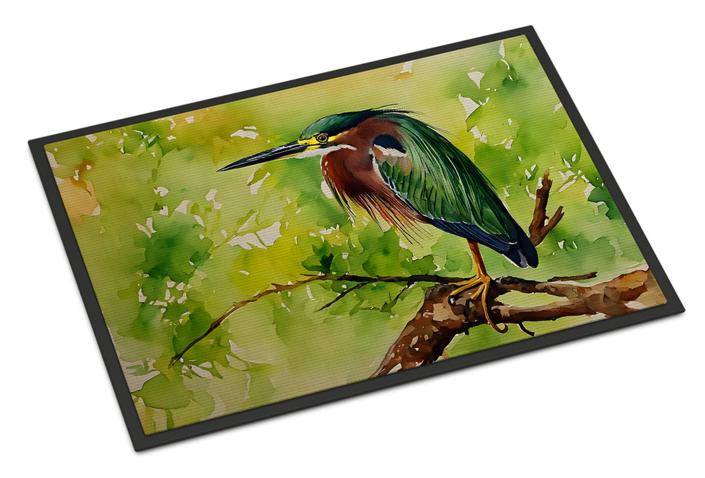 Green Heron Perched Branch Doormat Indoor Outdoor 24H X 36W Front Door Mat Rugs for Entryway, Non Slip Washable Low Pile,