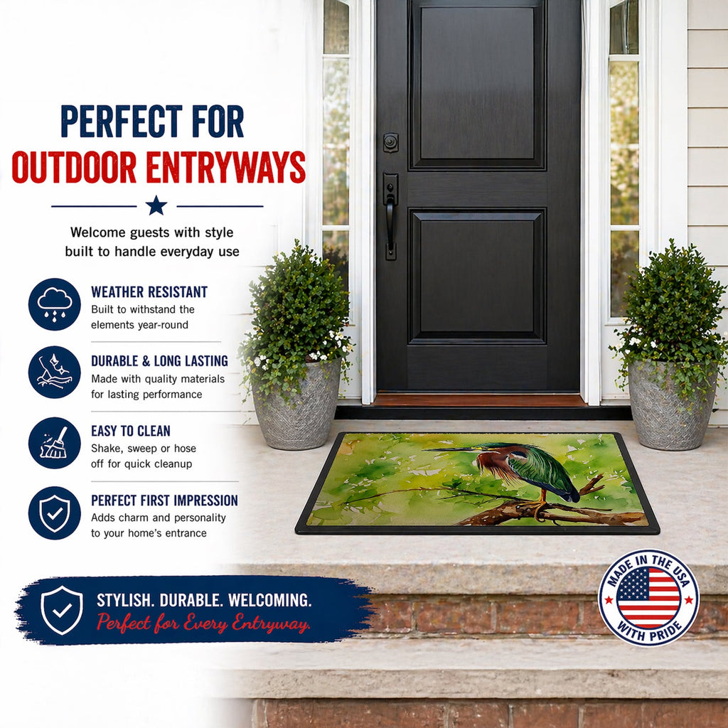 Green Heron Perched Branch Doormat Indoor Outdoor 24H X 36W Front Door Mat Rugs for Entryway, Non Slip Washable Low Pile,