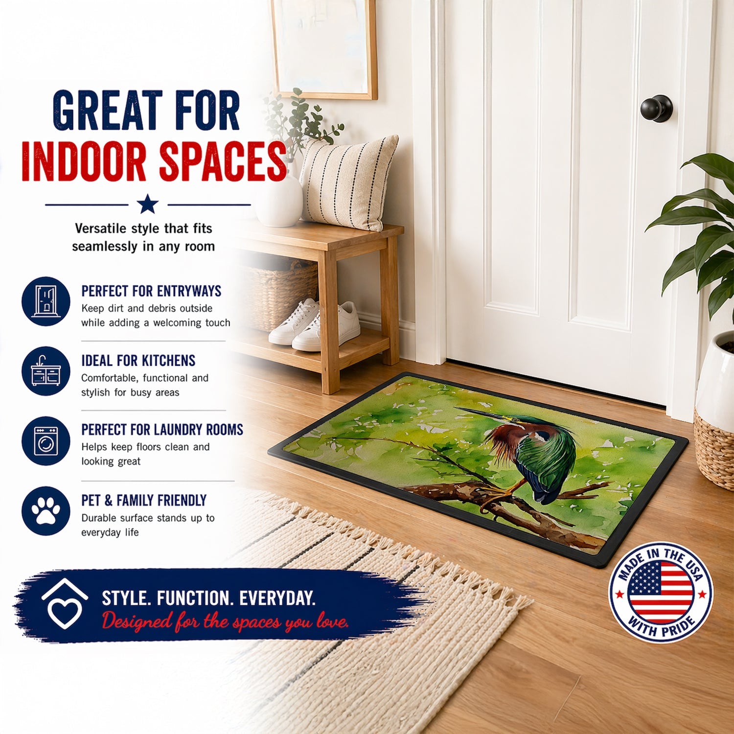 Green Heron Perched Branch Doormat Indoor Outdoor 24H X 36W Front Door Mat Rugs for Entryway, Non Slip Washable Low Pile,