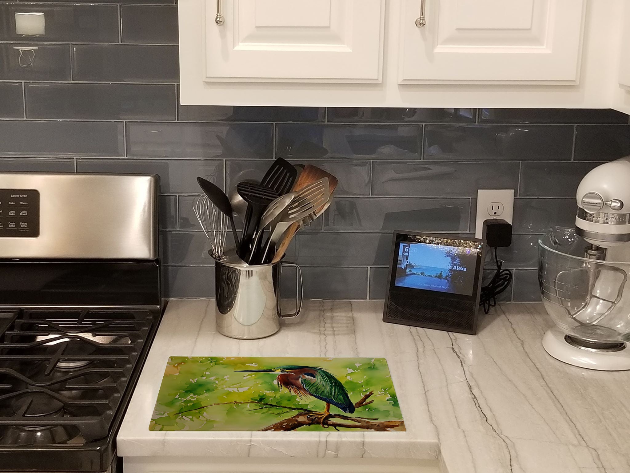 Green Heron Perched Branch Cutting Board Tempered Glass Kitchen Cutting Surface, Heat Resistant Chopping, Non-Slip Feet, Food Prep & Serving