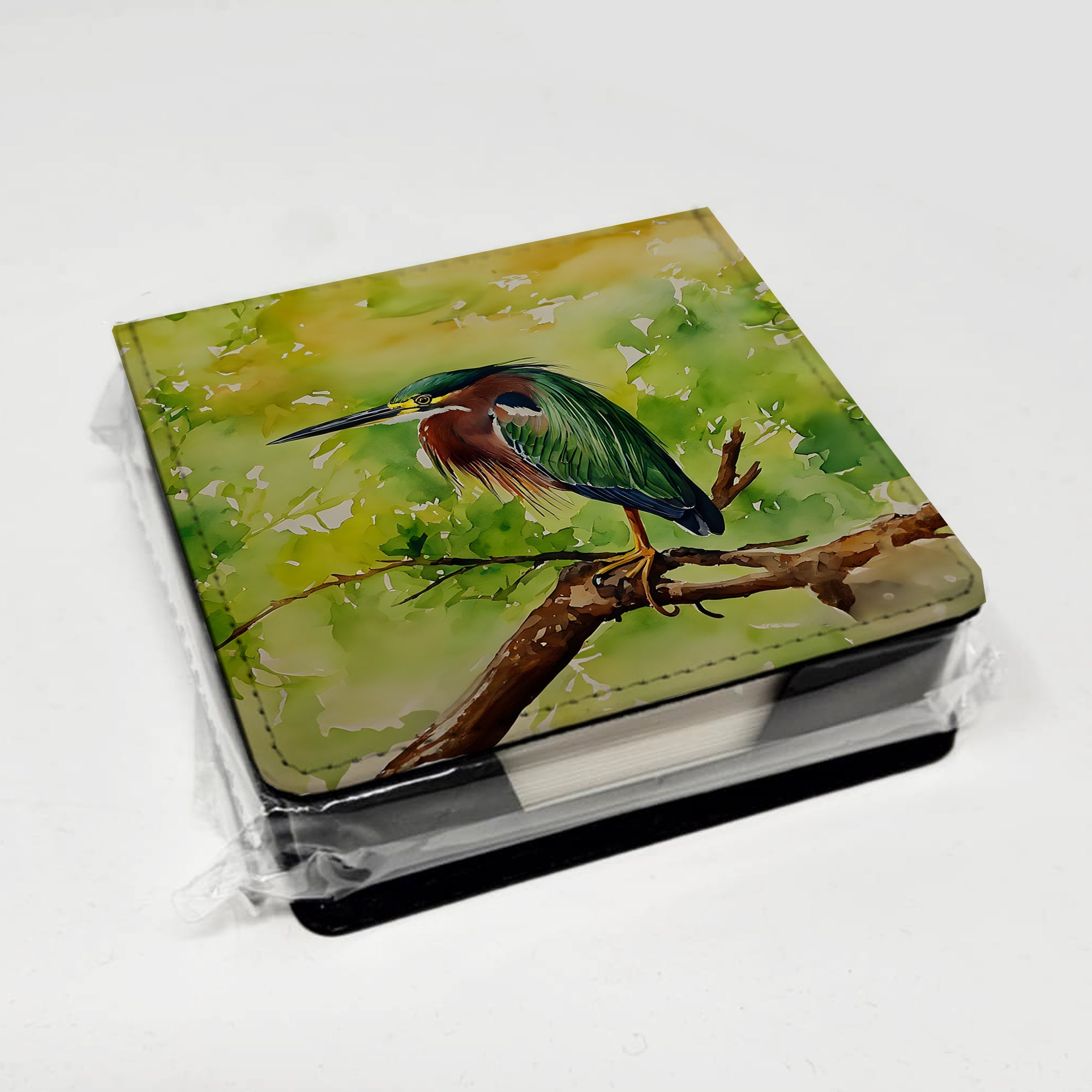 Green Heron Perched Branch PU Leather Note Paper Holder with Artist-Designed Cover, Desk Accessory, Office Gift