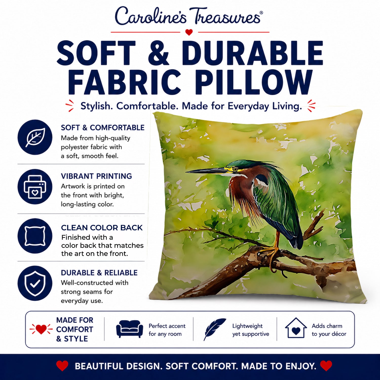 Green Heron Perched Branch Decorative Throw Pillow 14x14 Indoor Outdoor Accent Cushion, Fabric Cover with Insert for Sofa, Bed, Porch & Living Room