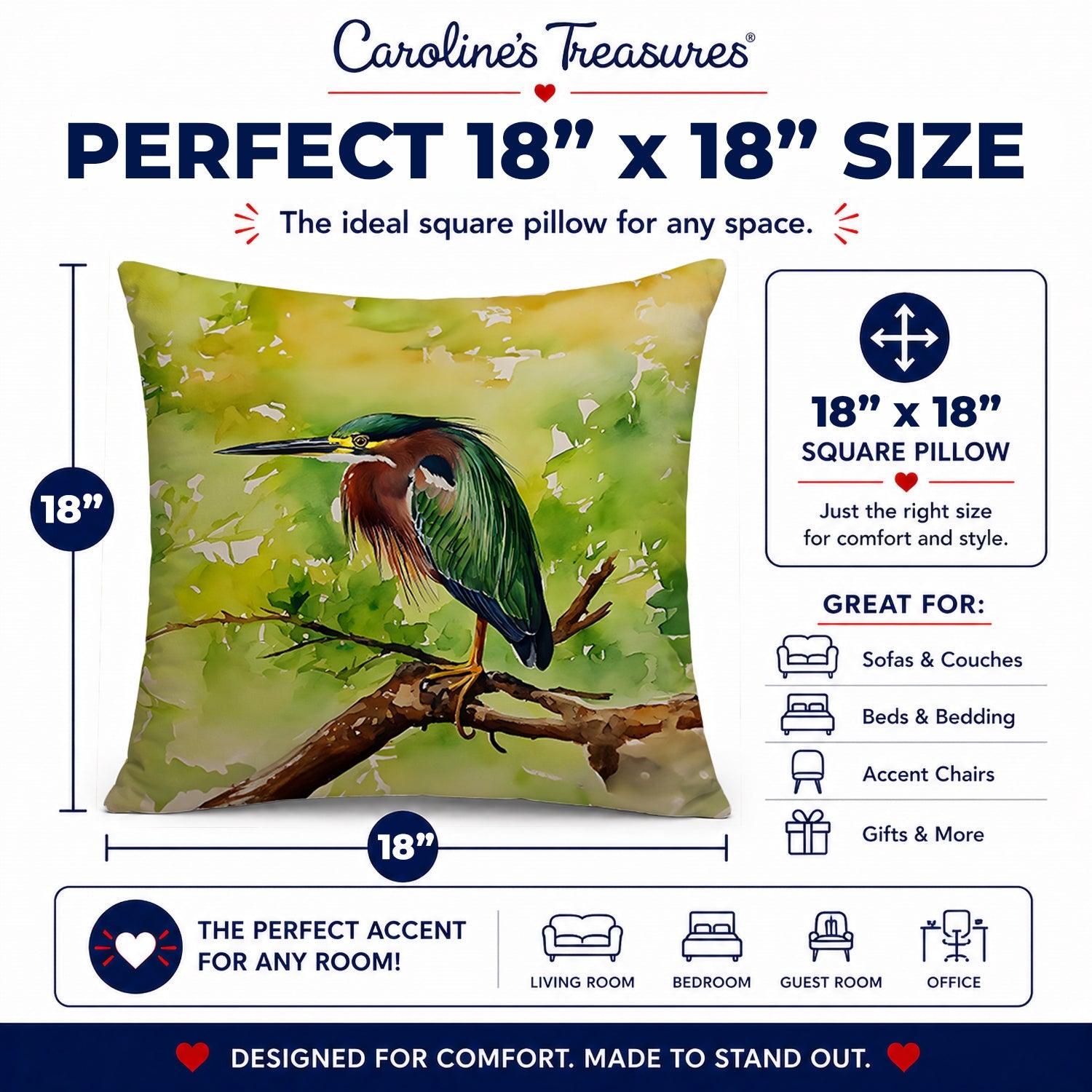 Green Heron Perched Branch Decorative Throw Pillow 18x18 Indoor Outdoor Accent Cushion, Fabric Cover with Insert for Sofa, Bed, Porch & Living Room
