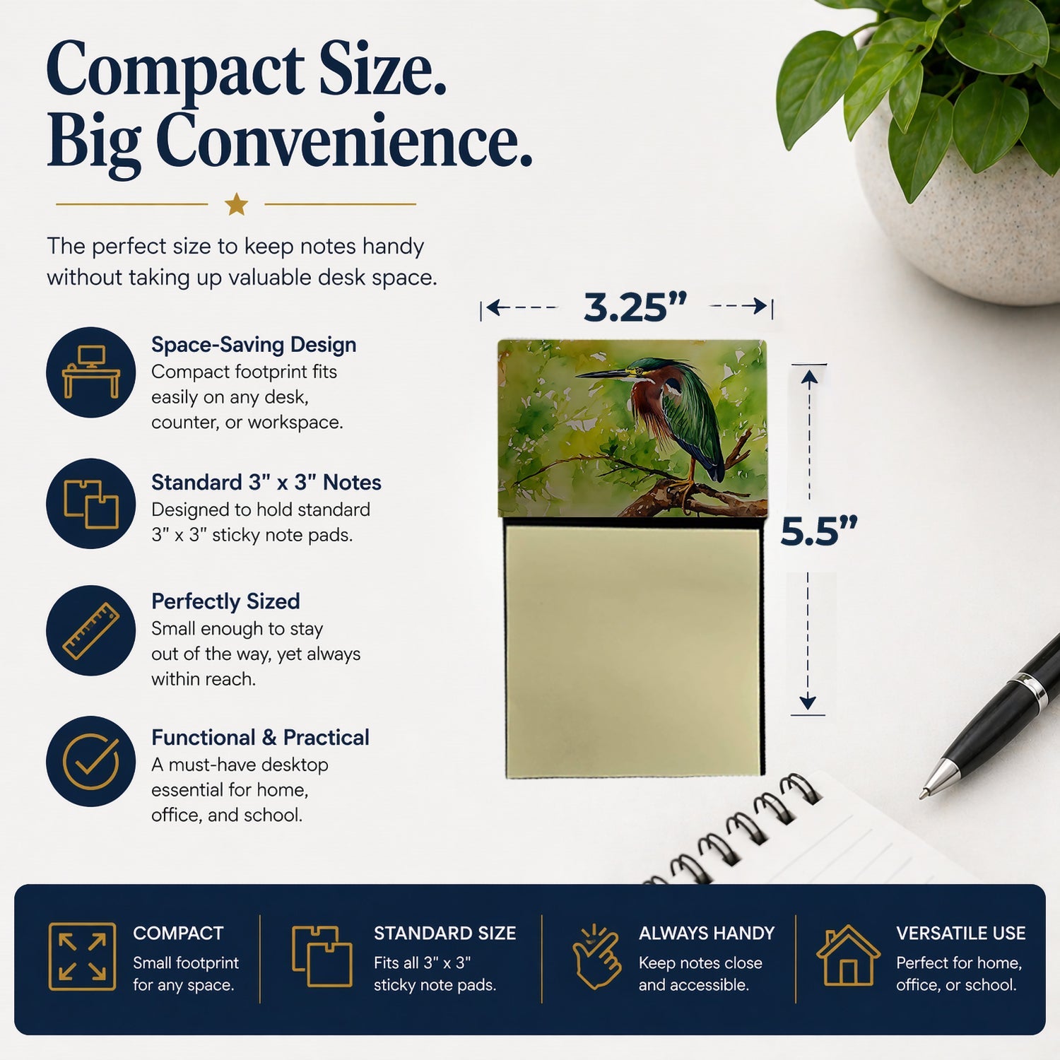 Green Heron Perched Branch Watercolor Sticky Note Holder Refillable Dispenser Desk Accessory 3x3 Pad Gift