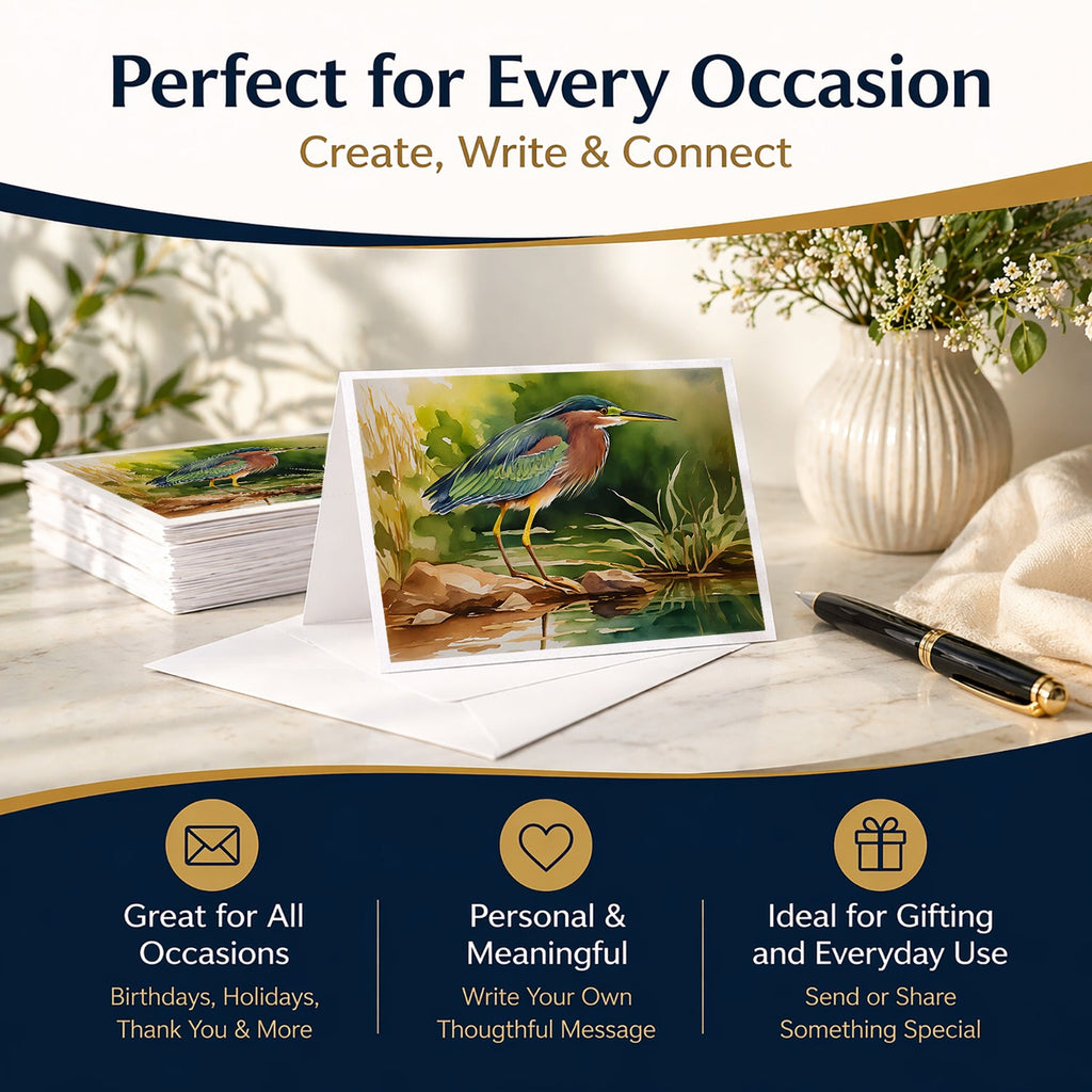 Green Heron Standing Shoreline Greeting Cards Pack of 8 Blank Cards with Envelopes Whimsical A7 Size 5x7