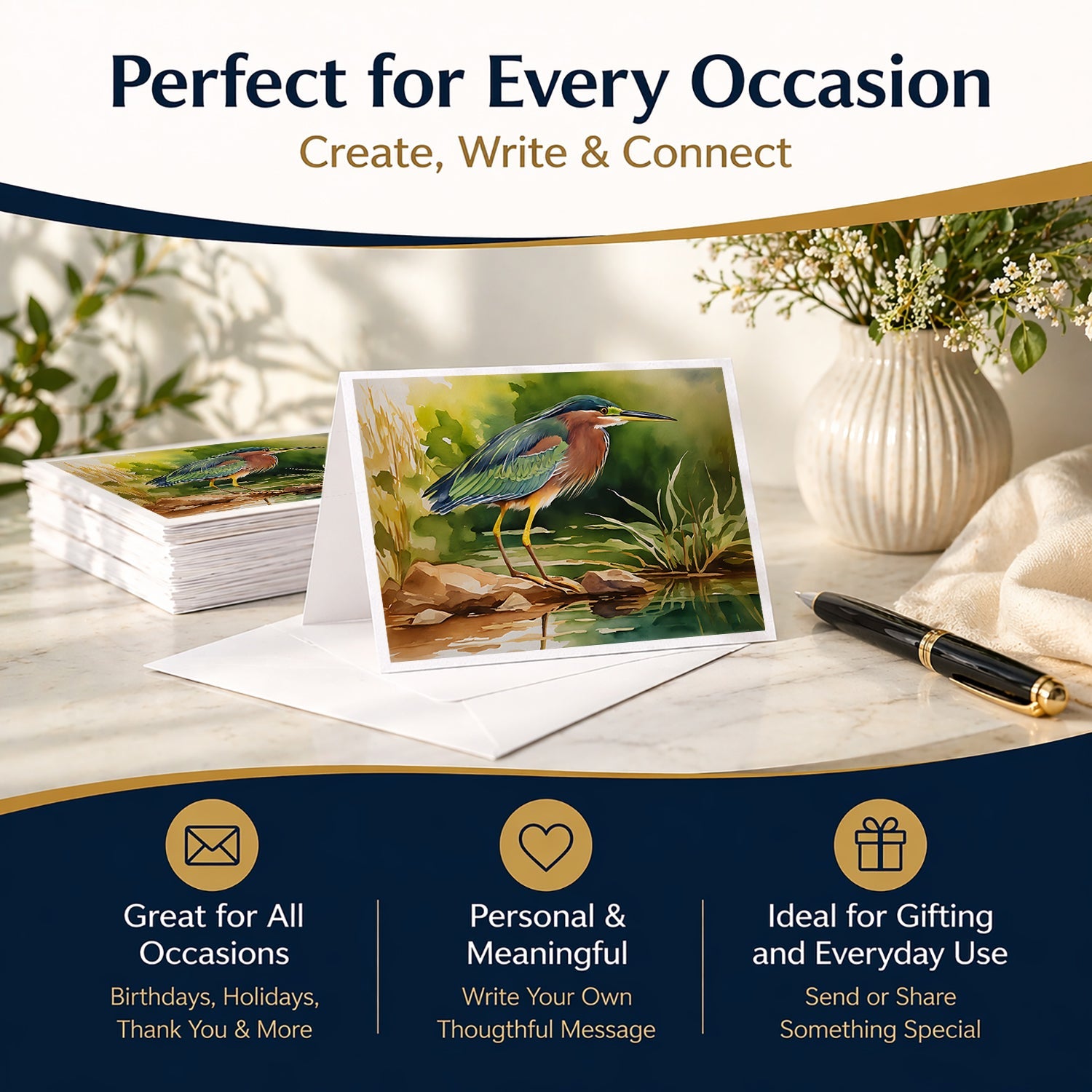 Green Heron Standing Shoreline Greeting Cards Pack of 8 Blank Cards with Envelopes Whimsical A7 Size 5x7