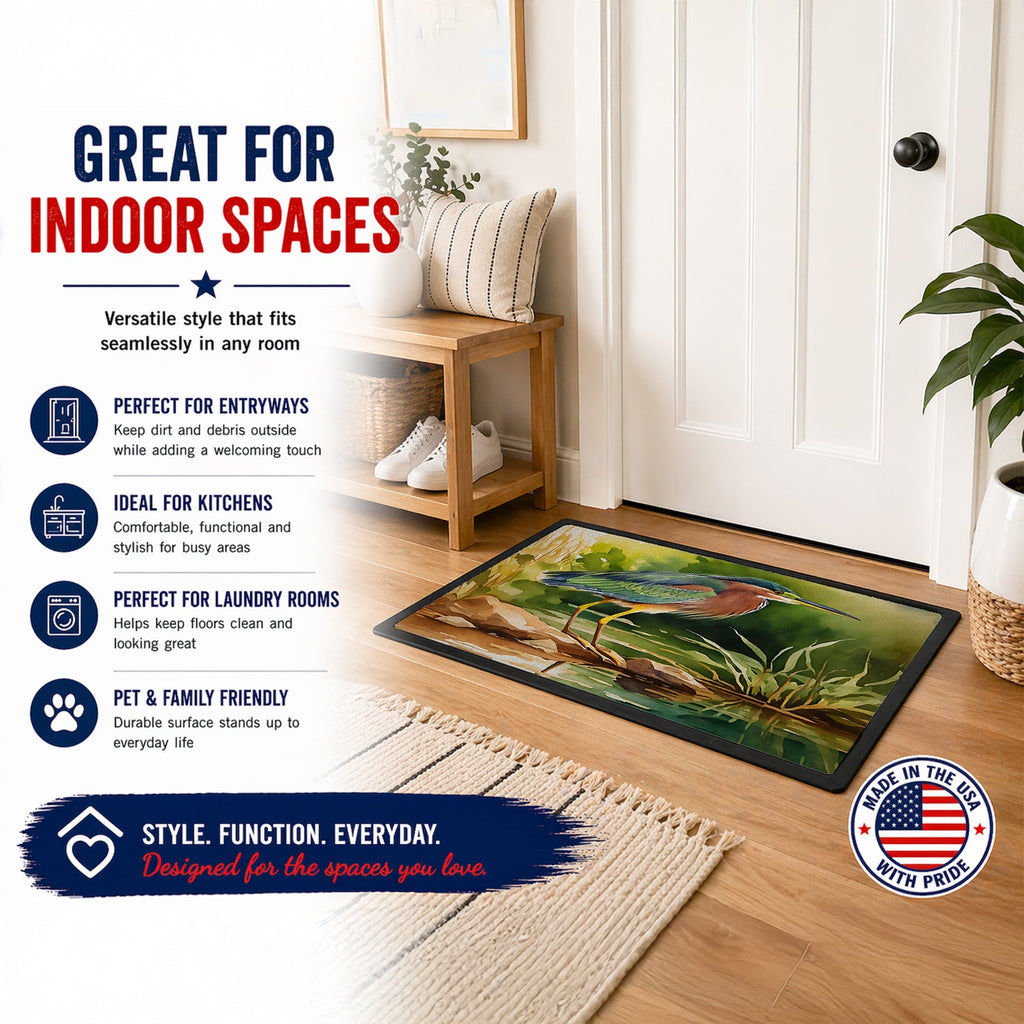 Green Heron Standing Shoreline Doormat Indoor Outdoor 24H X 36W Front Door Mat Rugs for Entryway, Non Slip Washable Low Pile,